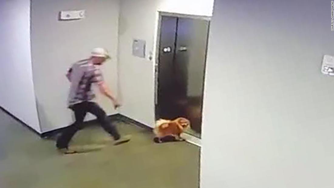 Video arată că omul care salvează câinele vecinului după ce lesa s-a blocat în ușile liftului